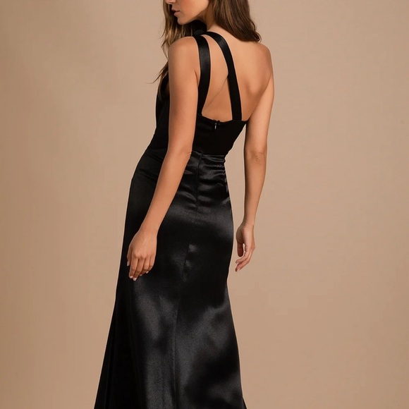 Lulus Satin Sparkly Black One Shoulder Floor Length Formal Dress Medium - Picture 6 of 6